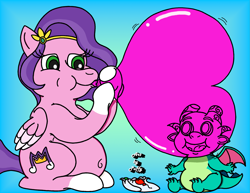 Size: 2275x1759 | Tagged: safe, artist:puffydearlysmith, pipp petals, sparky sparkeroni, dragon, pegasus, pony, g5, auntie pipp, baby, baby dragon, balloon, balloon package, belly button, blowing up balloons, chubby, duo, female, gradient background, happy, headband, heart, heart balloon, inflating, loonerpipp, male, mare, open mouth, open smile, pipp and sparky, pipp is chubby, smiling