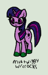 Size: 430x670 | Tagged: safe, artist:scandianon, twilight sparkle, pony, unicorn, g4, blurry, crocs, female, mare, simple background, smiling, solo, standing, twilight crockle, unicorn twilight