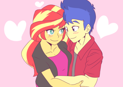 Size: 1800x1277 | Tagged: safe, artist:strugetdraw, flash sentry, sunset shimmer, human, equestria girls, g4, alternate clothes, blushing, clothes, duo, embrace, eyes closed, female, heart, looking at each other, looking at someone, male, pink background, ship:flashimmer, shipping, simple background, straight