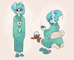 Size: 2555x2070 | Tagged: safe, artist:rexyseven, oc, oc only, oc:whispy slippers, anthro, plantigrade anthro, clothes, female, glasses, high res, kettle, kimono (clothing), slippers, solo, teapot