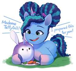 Size: 1957x1819 | Tagged: safe, artist:maren, misty brightdawn, bunnycorn, pony, rabbit, unicorn, g5, my little pony: make your mark, my little pony: make your mark chapter 5, afro puffs, alternate hairstyle, carrot, cute, daaaaaaaaaaaw, filly, filly misty brightdawn, food, happy, herbivore, hnnng, lying down, mistybetes, simple background, weapons-grade cute, white background, younger