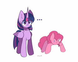 Size: 1000x800 | Tagged: safe, artist:miryelis, pinkie pie, twilight sparkle, alicorn, earth pony, pony, g4, ..., action pose, adorawat, animated, colored, cute, dancing, diapinkes, duo, female, get stick bugged lol, gif, mare, nuts, pinkie being pinkie, ponk, shitposting, signature, simple background, standing, twiabetes, twilight sparkle (alicorn), wat, watermark, white background