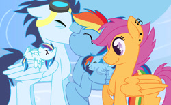 Size: 749x462 | Tagged: safe, artist:sir-leximillion, rainbow dash, scootaloo, soarin', oc, oc:blitz, oc:rainboom, pegasus, pony, g4, baby, baby pony, colt, eyes closed, female, filly, foal, kiss on the lips, kissing, male, mare, offspring, older, older scootaloo, parent:rainbow dash, parent:soarin', parents:soarindash, ship:soarindash, shipping, siblings, stallion, straight, twins
