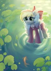 Size: 1733x2400 | Tagged: safe, artist:feelgood, oc, oc only, oc:blazey sketch, fish, pegasus, pony, bow, clothes, green eyes, grey fur, hair bow, lilypad, multicolored hair, pegasus oc, small wings, smiling, solo, sweater, water, wings