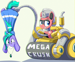 Size: 1498x1250 | Tagged: safe, artist:trackheadtherobopony, oc, oc only, oc:cyanette, oc:trackhead, original species, pony, robot, robot pony, wheelpone, cartoon physics, chromatic aberration, claw, clothes, dress, duo, flattened, nervous, nervous smile, smiling, steam roller