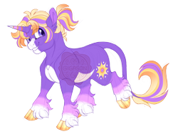 Size: 3600x2700 | Tagged: safe, artist:gigason, oc, oc only, oc:sunset spiral, pony, unicorn, blaze (coat marking), cloven hooves, coat markings, colored hooves, colored horn, facial markings, gradient legs, gradient mane, gradient tail, grin, high res, hoof polish, horn, leonine tail, magical lesbian spawn, male, multicolored horn, obtrusive watermark, offspring, pale belly, parent:sunshine smiles, parent:twilight sparkle, ponytail, purple eyes, raised hoof, simple background, smiling, solo, stallion, striped horn, tail, transparent background, unshorn fetlocks, watermark