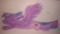 Size: 1920x1080 | Tagged: safe, artist:пшеница, derpibooru exclusive, twilight sparkle, alicorn, pony, g4, acrylic painting, female, flying, mare, simple background, solo, spread wings, traditional art, twilight sparkle (alicorn), watercolor painting, wings