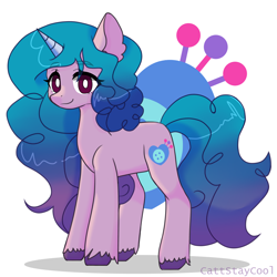 Size: 4000x4000 | Tagged: safe, artist:cattstaycool, izzy moonbow, pony, unicorn, g5, absurd resolution, cutie mark background, eye clipping through hair, eyebrows, eyebrows visible through hair, female, mare, shadow, signature, simple background, smiling, solo, unshorn fetlocks, white background
