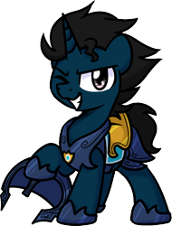 Size: 510x672 | Tagged: safe, artist:sugar morning, oc, oc only, oc:slashing prices, pony, unicorn, 2024 community collab, derpibooru community collaboration, armor, badge, commission, grin, helmet, hoof shoes, horn, looking at you, male, one eye closed, royal guard, royal guard armor, simple background, smiling, solo, stallion, tack, transparent background, unicorn oc, wink, winking at you