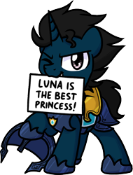 Size: 510x672 | Tagged: safe, alternate version, artist:sugar morning, oc, oc only, oc:slashing prices, pony, unicorn, armor, badge, best princess, commission, grin, helmet, hoof shoes, horn, looking at you, male, one eye closed, royal guard, royal guard armor, sign, simple background, smiling, solo, stallion, tack, text, transparent background, unicorn oc, wink, winking at you
