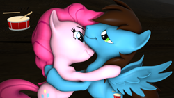 Size: 3840x2160 | Tagged: safe, artist:drumstick pony sfw, pinkie pie, oc, oc:drumstick pony, earth pony, pegasus, pony, g4, 3d, happy, high res, hug, looking at each other, looking at someone, smiling, smiling at each other, source filmmaker, watermark, wholesome
