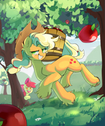 Size: 2500x3000 | Tagged: safe, artist:madiwann, apple bloom, applejack, earth pony, pony, g4, apple, apple bloom's bow, apple sisters, applejack's hat, bow, cowboy hat, detailed background, duo, duo female, female, filly, foal, food, freckles, grin, hair bow, hat, high res, hooves, mare, open mouth, open smile, siblings, sisters, smiling, tree, unshorn fetlocks