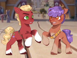 Size: 2800x2117 | Tagged: safe, artist:permafox, sprout cloverleaf, oc, oc:caprisun, earth pony, pony, g5, coat markings, colored sketch, duo, excited, high res, looking at each other, looking at someone, male, rearing, sketch, smiling, socks (coat markings), stallion