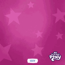 Size: 640x640 | Tagged: safe, izzy moonbow, pony, unicorn, g5, my little pony: a new generation, spoiler:g5, spoiler:my little pony: a new generation, abstract background, animated, cute, female, gif, hi new friend, izzybetes, magenta background, mare, my little pony logo, name, pink background, solo, spanish, stars, symbols, text, translated in the comments
