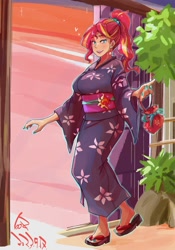 Size: 1400x2000 | Tagged: safe, artist:sozglitch, sunset shimmer, human, equestria girls, g4, alternate hairstyle, big breasts, breasts, busty sunset shimmer, clothes, floating heart, heart, kimono (clothing), looking at you, nail polish, open mouth, open smile, ponytail, purse, sandals, signature, smiling, smiling at you, solo, toenail polish