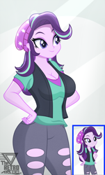 Size: 2000x3317 | Tagged: safe, artist:theretroart88, screencap, starlight glimmer, human, equestria girls, equestria girls specials, g4, my little pony equestria girls: better together, my little pony equestria girls: mirror magic, beanie, breasts, busty starlight glimmer, cleavage, clothes, cropped, female, hand on hip, hat, high res, jacket, pants, ripped pants, screencap reference, shirt, smiling, teenager, thighs, torn clothes, vest, watermark