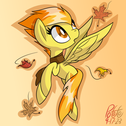 Size: 2000x2000 | Tagged: safe, artist:notadeliciouspotato, spitfire, pegasus, pony, g4, autumn, clothes, female, flying, gradient background, high res, leaves, mare, open mouth, scarf, signature, solo, spread wings, wings