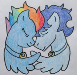 Size: 749x726 | Tagged: safe, artist:dragonpriness, rainbow dash, soarin', pegasus, pony, g4, the last problem, duo, eyes closed, female, husband and wife, male, mare, married couple, older, older rainbow dash, older soarin', older soarindash, ship:soarindash, shipping, simple background, stallion, straight, traditional art