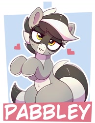 Size: 1300x1677 | Tagged: safe, artist:pabbley, oc, oc only, oc:bandy cyoot, hybrid, pony, raccoon, raccoon pony, bedroom eyes, belly button, female, floating heart, heart, looking at you, mare, passepartout, smiling, smiling at you, solo