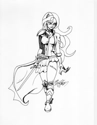 Size: 773x1000 | Tagged: safe, artist:masterdarhil, sunset shimmer, human, equestria girls, g4, daydream shimmer, fanfic art, ink drawing, looking away, sword, traditional art, wavy hair, weapon