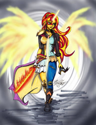 Size: 773x1000 | Tagged: safe, artist:masterdarhil, sunset shimmer, human, equestria girls, g4, crown, daydream shimmer, fanfic art, fiery wings, flaming sword, jewelry, looking away, marker drawing, mixed media, ponied up, regalia, traditional art, wavy hair, wings