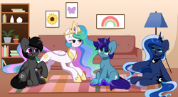Size: 5456x2993 | Tagged: safe, artist:kittyrosie, princess celestia, princess luna, oc, unnamed oc, alicorn, pegasus, pony, unicorn, g4, absurd resolution, bookshelf, commission, couch, crown, female, flower pot, folded wings, group, hoof shoes, horn, jewelry, lamp, mare, open mouth, open smile, pegasus oc, peytral, quartet, raised hoof, regalia, royal sisters, siblings, signature, sisters, sitting, smiling, wings