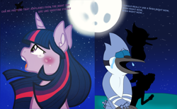 Size: 4030x2481 | Tagged: safe, anonymous artist, artist:mrtheamazingdude, twilight sparkle, alicorn, pony, g4, airplanes (song), cloudy jay, collaboration, crossover, crossover shipping, female, male, margaret, meme, mordecai, mordetwi, redraw, regular show, shipping, straight, twilight sparkle (alicorn)