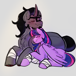 Size: 1200x1200 | Tagged: safe, artist:starsbursts, king sombra, twilight sparkle, alicorn, pony, unicorn, g4, bandage, blushing, chest fluff, curved horn, duo, eyes closed, fangs, female, gray background, horn, lying down, male, mare, nuzzling, prone, ship:twibra, shipping, simple background, stallion, straight, twilight sparkle (alicorn)