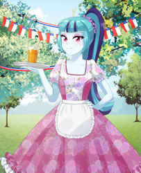 Size: 813x1000 | Tagged: safe, artist:riouku, sonata dusk, human, equestria girls, g4, banner, blushing, chile, clothes, cute, dress, drink, drinking straw, eyeshadow, female, glass, makeup, ponytail, solo, sonatabetes, tray, tree