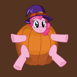 Size: 2156x2156 | Tagged: safe, artist:nonameorous, pinkie pie, earth pony, pony, g4, brown background, halloween, hat, high res, holiday, looking at you, pumpkin, pumpkin pie, simple background, smiling, solo, toy interpretation, witch hat