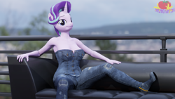 Size: 3840x2160 | Tagged: safe, artist:marianokun, starlight glimmer, unicorn, anthro, g4, 3d, big breasts, blender, boots, breasts, clothes, couch, female, high heels, high res, looking at you, shoes, solo
