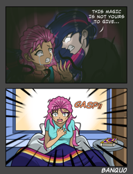 Size: 2027x2642 | Tagged: safe, artist:banquo0, sunny starscout, twilight sparkle, human, g5, 2 panel comic, alternate universe, angry, bed, clothes, coat, comic, crying, dialogue, dream, female, glowing, glowing eyes, gritted teeth, high res, humanized, looking at each other, looking at someone, nightmare, open mouth, scared, shirt, sunny and her heroine, teeth, text, that magic was not yours to give