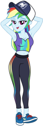Size: 174x500 | Tagged: safe, artist:emeraldblast63, rainbow dash, human, equestria girls, g4, arm behind head, armpits, bare midriff, baseball cap, belly button, breasts, busty rainbow dash, cap, cleavage, clothes, female, hat, leggings, lidded eyes, looking at you, lowres, midriff, open mouth, open smile, shoes, simple background, smiling, solo, standing, tank top, transparent background