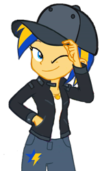 Size: 1067x1796 | Tagged: safe, artist:mlpfan3991, oc, oc only, oc:flare spark, human, display of affection, equestria girls, g4, my little pony equestria girls: better together, baseball cap, cap, clothes, cutie mark on clothes, denim, female, hat, jacket, jeans, jewelry, looking at you, necklace, one eye closed, pants, simple background, smiling, solo, tomboy, transparent background, wink, winking at you