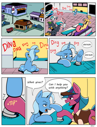 Size: 3840x5015 | Tagged: safe, artist:balileart, trixie, oc, earth pony, pegasus, pony, unicorn, g4, bell, chips, comic, dialogue, female, food, male, mare, nachos, speech bubble, stallion, taco, taco bell