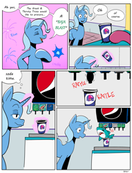 Size: 3840x5015 | Tagged: safe, artist:balileart, trixie, oc, earth pony, pony, shark, unicorn, g4, blåhaj, cup, dialogue, eyes closed, female, hoof on chest, mare, offscreen character, open mouth, open smile, plushie, pun, shark plushie, smiling, soda, solo focus, speech bubble, taco bell, visual pun, wat