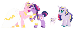 Size: 1319x521 | Tagged: safe, artist:xxanimatorixx, princess cadance, princess flurry heart, twilight sparkle, alicorn, pony, unicorn, g4, alternate universe, baby, baby pony, blushing, braid, clothes, colored hooves, colored wings, colored wingtips, dress, female, folded wings, hoof shoes, horn, horn ring, jewelry, kissing, lesbian, magical lesbian spawn, obtrusive watermark, offspring, older, older flurry heart, parent:princess cadance, parent:twilight sparkle, parents:twidance, ring, ship:twidance, shipping, simple background, swaddled baby, tiara, transparent background, unicorn twilight, unshorn fetlocks, watermark, wedding dress, wedding ring, wedding veil, wings