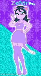 Size: 1643x2993 | Tagged: safe, artist:rainbowstarcolour262, zephyr, human, series:equ shadowcats, equestria girls, g4, abstract background, animal costume, background human, bare shoulders, boob window, breasts, busty zephyr, cat costume, cat ears, cat tail, catgirl, cleavage, clothes, costume, crystal prep shadowbolts, eyeshadow, female, hand on hip, makeup, midriff, purple eyes, signature, skirt, sleeveless, socks, solo, stocking feet, stockings, tail, thigh highs, thigh socks