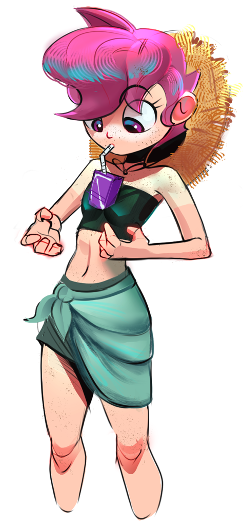 [belly button,breasts,clothes,delicious flat chest,drink,drinking,eyebrows,female,freckles,hat,human,humanized,juice,juice box,looking down,midriff,older,safe,scootaloo,simple background,solo,straw hat,tan lines,white background,sarong,balancing,small breasts,drinking straw,scootaflat,shoulder freckles,older scootaloo,eyebrows visible through hair,hands-free bubble tea challenge,artist:applephil]