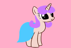 Size: 1102x748 | Tagged: safe, artist:disneyponyfan, artist:melodysweetheart, earth pony, pony, g4, base used, blue dress, blue skirt, daffinee toilette, female, mare, ms paint, pink background, pinky dinky doo, ponified, purple hair, purple mane, rule 85, simple background, solo