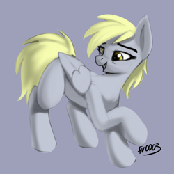 Size: 2000x2000 | Tagged: safe, artist:fv0003, derpy hooves, pegasus, pony, g4, female, folded wings, gray background, high res, mare, open mouth, open smile, raised hoof, signature, simple background, smiling, solo, wings