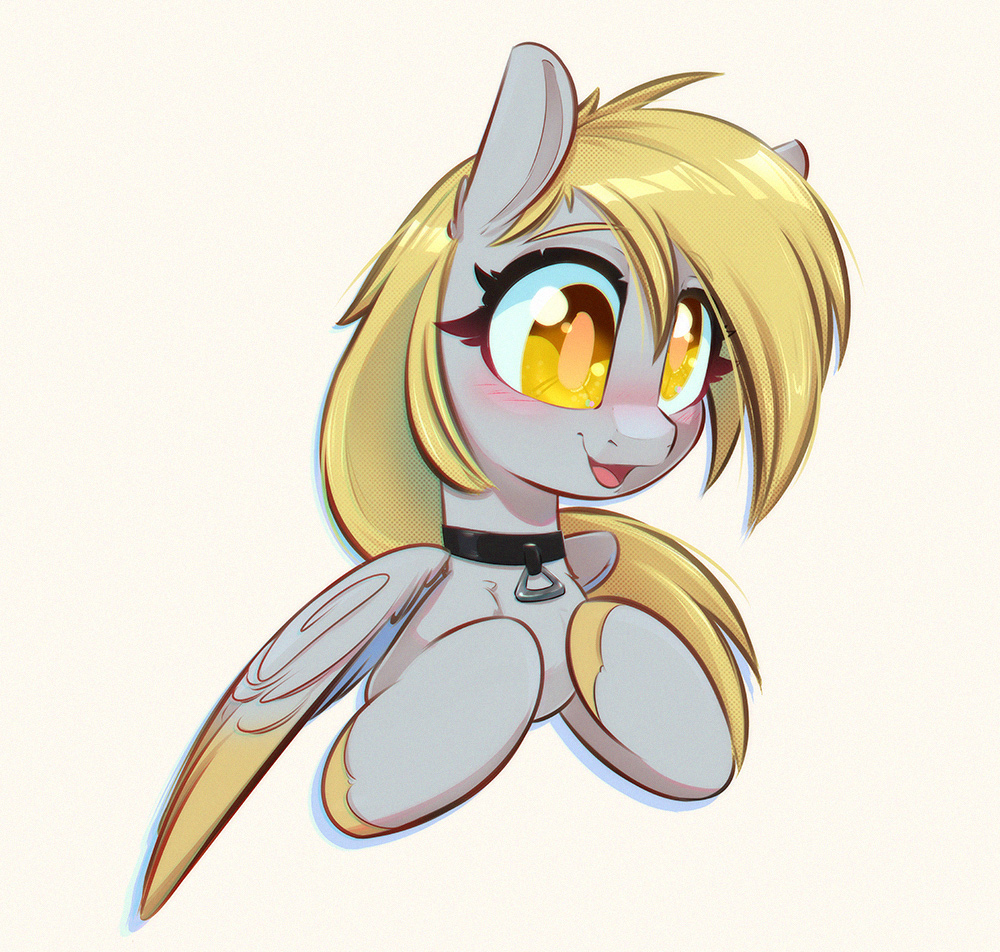 [blushing,collar,cute,derpy hooves,female,mare,open mouth,pegasus,pony,safe,simple background,solo,wings,derpabetes,smiling,colored wings,colored wingtips,yellow background,colored pupils,open smile,artist:inkypuso]
