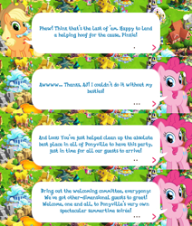 Size: 2048x2414 | Tagged: safe, gameloft, applejack, cup cake, fair way, fast clip, fluttershy, lord gestal, manerick, pinkie pie, spike, earth pony, pony, g4, my little pony: magic princess, official, applejack's hat, cowboy hat, dialogue, dialogue box, english, female, hat, high res, mare, mobile game, speech bubble, text