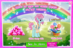 Size: 1962x1298 | Tagged: safe, gameloft, papa beard, earth pony, pony, g4, my little pony: magic princess, official, advertisement, apron, basket, beard, candy, clothes, costs real money, english, facial hair, food, gem, introduction card, lollipop, male, mobile game, moustache, numbers, sale, shirt, solo, stallion, sweets, text