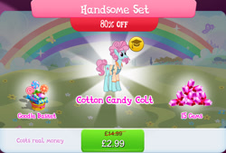 Size: 1268x859 | Tagged: safe, gameloft, papa beard, earth pony, pony, g4, my little pony: magic princess, official, apron, basket, beard, bundle, candy, clothes, costs real money, english, facial hair, food, gem, handsome set, lollipop, male, mobile game, moustache, numbers, sale, shirt, solo, stallion, sweets, text