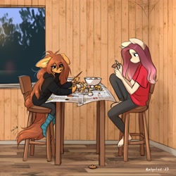 Size: 2048x2048 | Tagged: safe, artist:katputze, oc, oc only, oc:apogee (tinygaypirate), oc:crimson sunset, dog, unicorn, anthro, plantigrade anthro, barefoot, brush, clothes, duo, feet, female, furry, furry oc, high res, hoodie, knife, mare, missing shoes, mushroom, piercing, signature, socks, stocking feet, striped socks