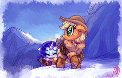 Size: 1950x1250 | Tagged: safe, artist:whitediamonds, applejack, rarity, earth pony, pony, unicorn, rarijack daily, g4, applejack's hat, blushing, boots, breath, bundled up, clothes, cold, cowboy hat, duo, duo female, eyebrows, eyebrows visible through hair, eyes closed, female, freckles, hat, horn, jacket, lesbian, mare, mountain, outdoors, raised hoof, ship:rarijack, shipping, shoes, signature, snow