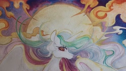 Size: 3183x1791 | Tagged: safe, artist:slimeprints, princess celestia, alicorn, pony, g4, female, looking at you, mare, solo, sun, traditional art, watercolor painting, wip