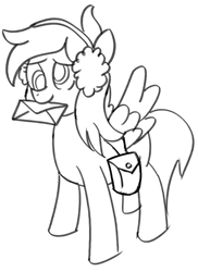 Size: 1363x1872 | Tagged: safe, artist:nonnyanon, derpy hooves, pegasus, pony, g4, bag, cute, derp, derpabetes, earmuffs, female, letter, mailmare, mare, monochrome, mouth hold, saddle bag, simple background, sketch, smiling, solo, white background