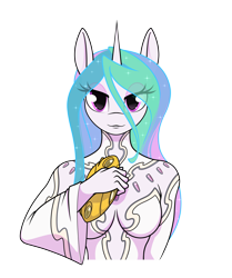 Size: 5600x6700 | Tagged: safe, artist:dacaoo, princess celestia, alicorn, anthro, g4, crossover, female, looking at you, simple background, solo, space battleship yamato, starsha iscandar, transparent background